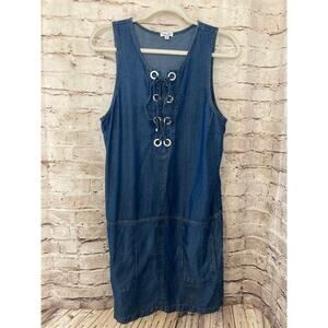 Splendid Dress Womens Medium Chambray Blue Lace Up Shift Sleeveless Pockets